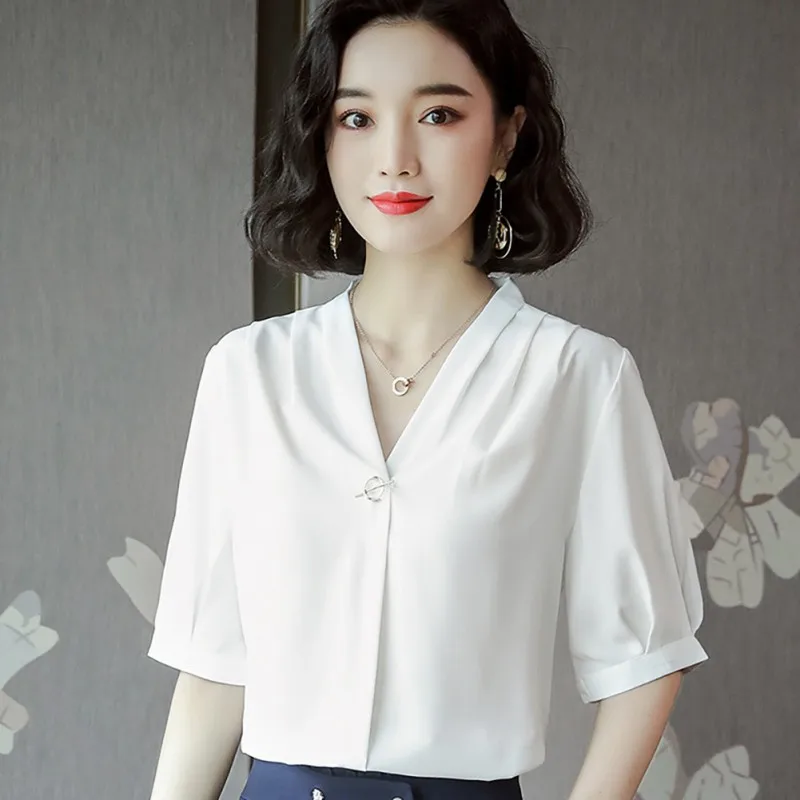 

Summer Fashion Women V-Neck Collar Solid Color Shirts Chiffon Top Short Sleeve Casual Sytle Blouse Office Lady Shirt