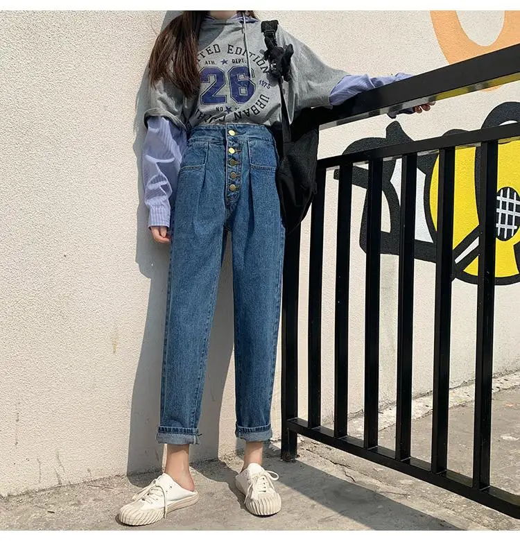 Новое поступление, весенне-осенние корейские модные женские свободные повседневные джинсовые шаровары с высокой талией, винтажные черные женские джинсы S341 - Цвет: Blue