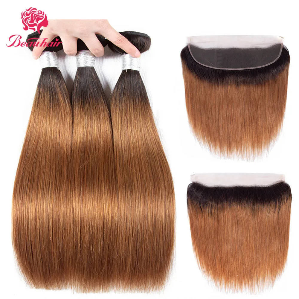 

Ombre Color Human Hair Bundles With Lace Frontal 13*4 Remy 1B Brown Brazilian Straight Human Hair Weave Bundles 3PCS Free Ship