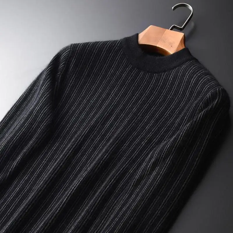 Minglu Black Sweater Men Luxury Stripe Rabbit Hair And Wool Thick Sweater Male Autumn And Winter Slim Fit Knitted Mens Sweater