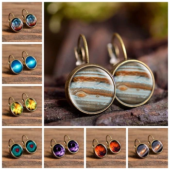 

2019 New Fashion Jewelry Galaxy Space Stud Earrings Glass Cabochon Jupiter Planet Art Photo Round Earrings Women Creative Gifts