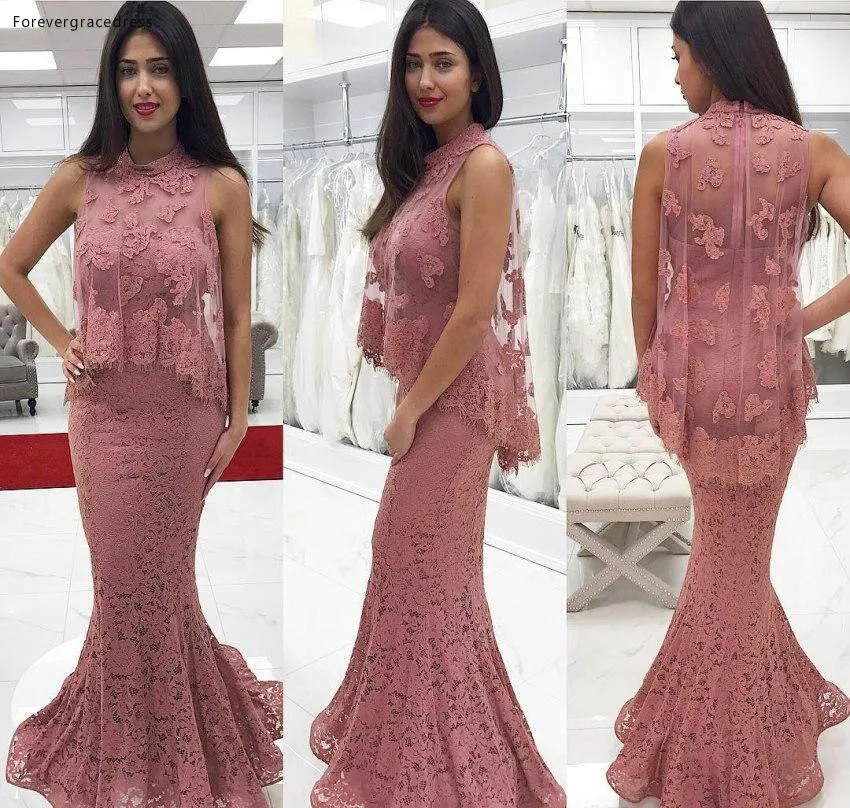 Designed Lace Appliqued Mermaid Mother of Bride Groom Dresses Formal Evening Dresses High Neck with Sheer Capes 2018  139 (1)