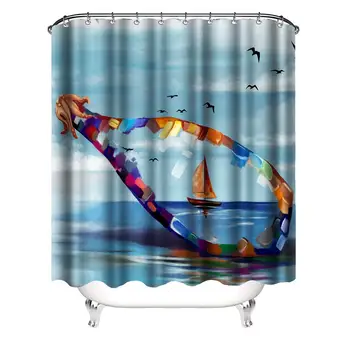 

Kids Shower Curtains Blue Nautical Oil Painted Drift Bottle in Sea Sailboat Bath Decor Fabric Bathroom Curtain Set with 12