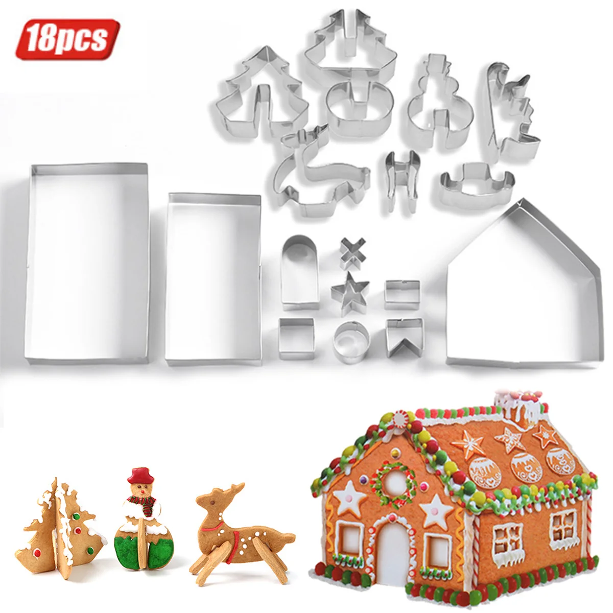 

18pcs 3D Christmas Gingerbread House Stainless Steel Cookie Mould SetCookie Cutters Set Biscuit Mold Fondant Cutter Baking Tool