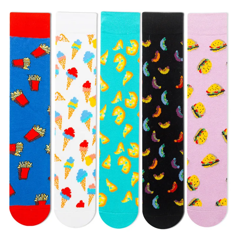 3pairs/lot Fashion interesting Cartoon Ice Cream burger pizza fries print socks Casual unisex cotton socks happy woman socks