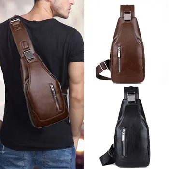 

Men Chest Shoulder Bag Zipper Large Capacity PU Leather for Mobile Phone Keys H66