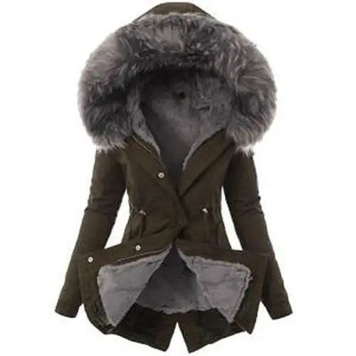 Модная зимняя женская парка, теплая куртка с длинным рукавом, меховая толстовка с капюшоном, стеганая парка, верхняя одежда, черный, красный, серый манто, Женская куртка - Цвет: Армейский зеленый
