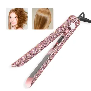 

Kemei US/EU/UK Plug 2-in-1 Hair Straightener Curler LCD Display Rhinestone Fast Heating Flat Iron Beauty Tool