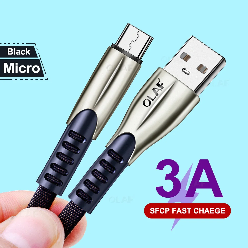 Олаф 1 м 2 м 3 м микро USB кабель 3A цинковый сплав Быстрая зарядка для Xiaomi Android Мобильный кабель передачи данных телефона для samsung микро зарядное устройство - Цвет: Black