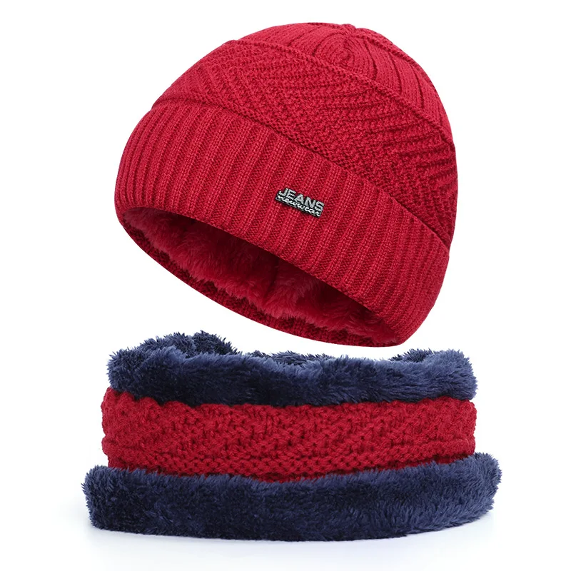 Wine-1 new plush beanie winter man caps winter woman caps skullies warm Soft cap knit beanie 2 Pieces Set sport unisex popular - Цвет: Wine-1