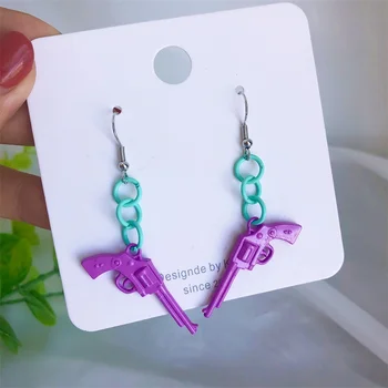 

Exaggerated Purple Pendant Earrings Women Creative Asymmetric Pistol Earrings Chain Fashion Trendy Jewelry Wholesale New2020