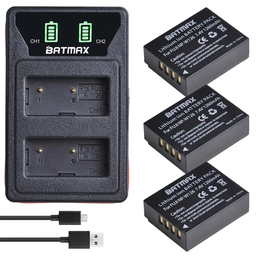 Batmax NP-W126 NP-W126S Battery+LED Dual USB Charger&Type C Port for Fujifilm HS30EXR HS33EXR X-Pro1 X-E1 X-E2 X-A1 X-A2 X-T20