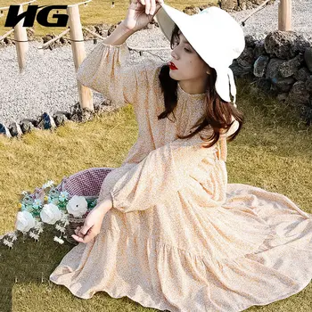 

HG Sweet Chiffon Women Dress Long Sleeve High Waist Cake Dresses Plus Size Fresh Print Women Clothes 2020 Spring New XJ3965