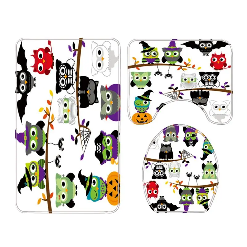 

3D Digital Printing Shower Curtain Bathroom Floor Mat Base Mat Combination Set Halloween Owl Collection Pattern Home Decoration