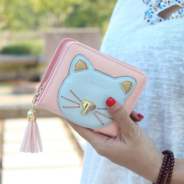 

New Style Kitten Wallet Korean-style Cute Stereo Contrast Color Cat Gold Nose Hardware Zipper Women's Short Wallet