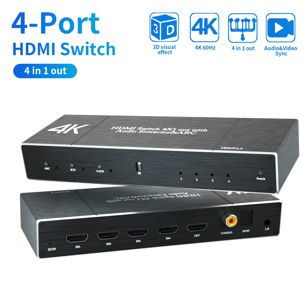

4x1 HDMI Switch 4K HDCP 2.2 Audio Sync 4 Port HDMI Switcher Splitter Support 1080P ARC/LPCM/Dolby/DTS 5.1 with IR Remote for PS4