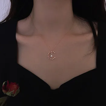 

925 Sterling Silver AAA Zircon Moon Pendant Necklace for Women Clavicle Chain Animal Fashion Jewelry Sweater chain Accessories
