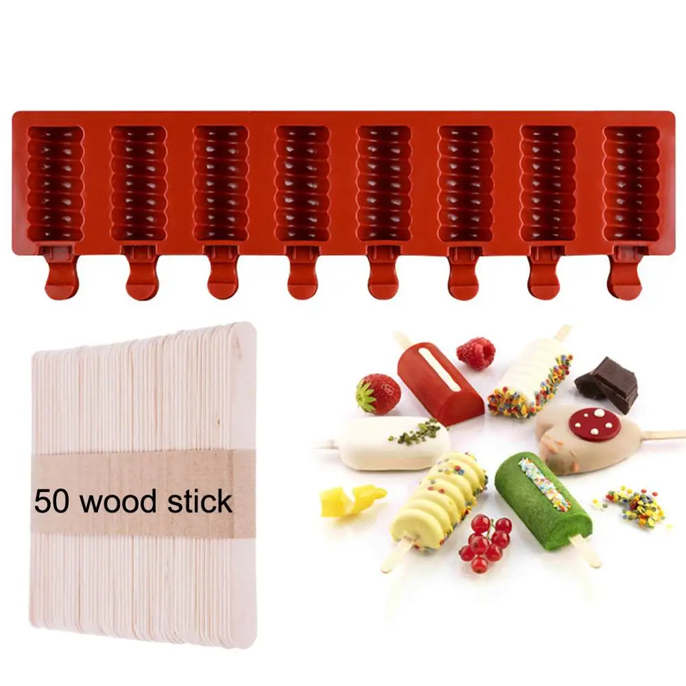 

1PC 8 Cell Silicone Ice Cream Mold Juice Popsicle Maker Ice Lolly Mould+50PC Wooden sticks