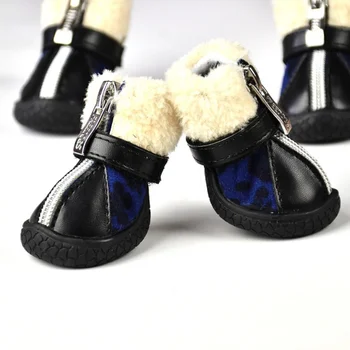 

Pet 4Pcs/set Dog Shoes Leopard Zipper Booties Waterproof Non-slip Durable Dog Winter Warm Casual Shoes For Puppy Dog Small Cats