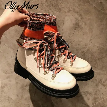 

Flock Leather Lace Up Women Boots Fashion Mix Color Knitted Slip On Ankle Boots Thick Heel Casual Ladies Sneaker Booties