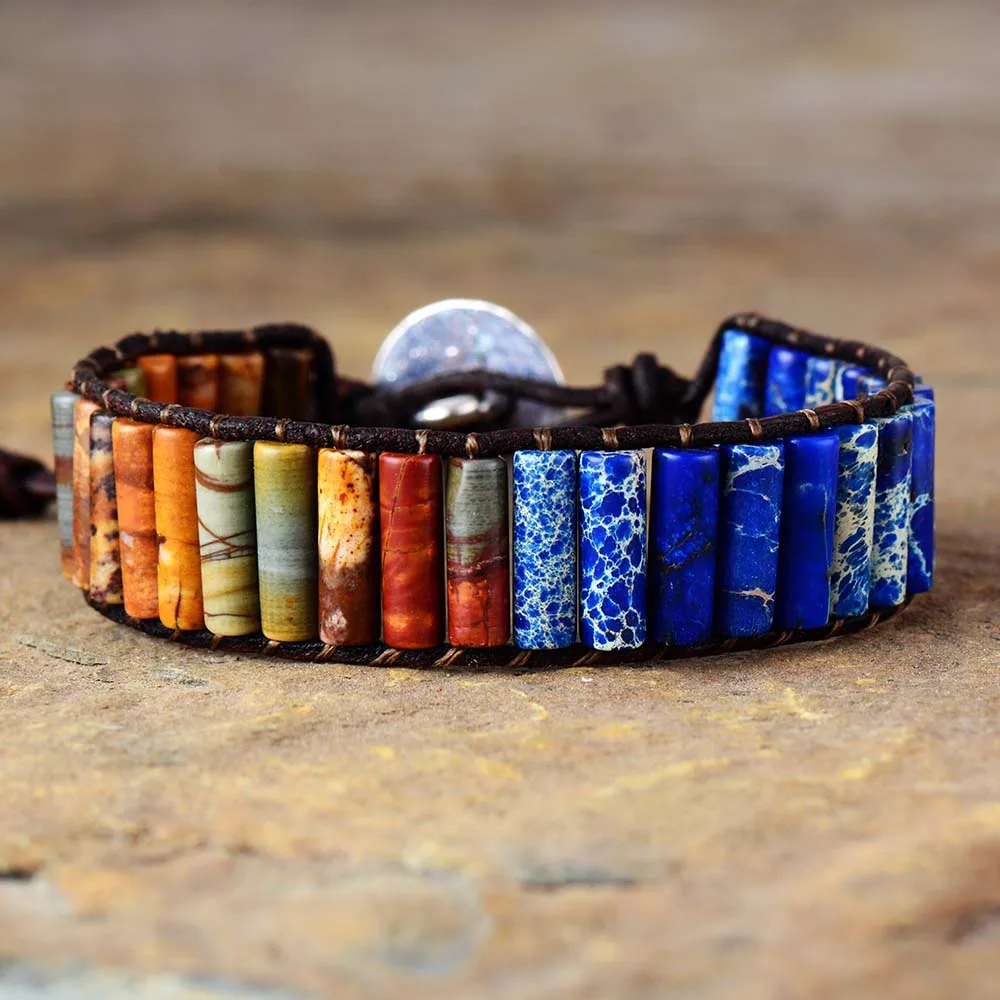 NewMenWomenBraceletFemmeNaturalJapserStoneLeatherWrapBracelet
