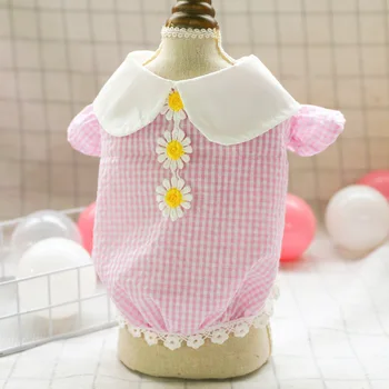 

Pet dog clothes Teddy bear medium and small dogs cats daisies pink plaid shirt skirt spring and summer new light breathable