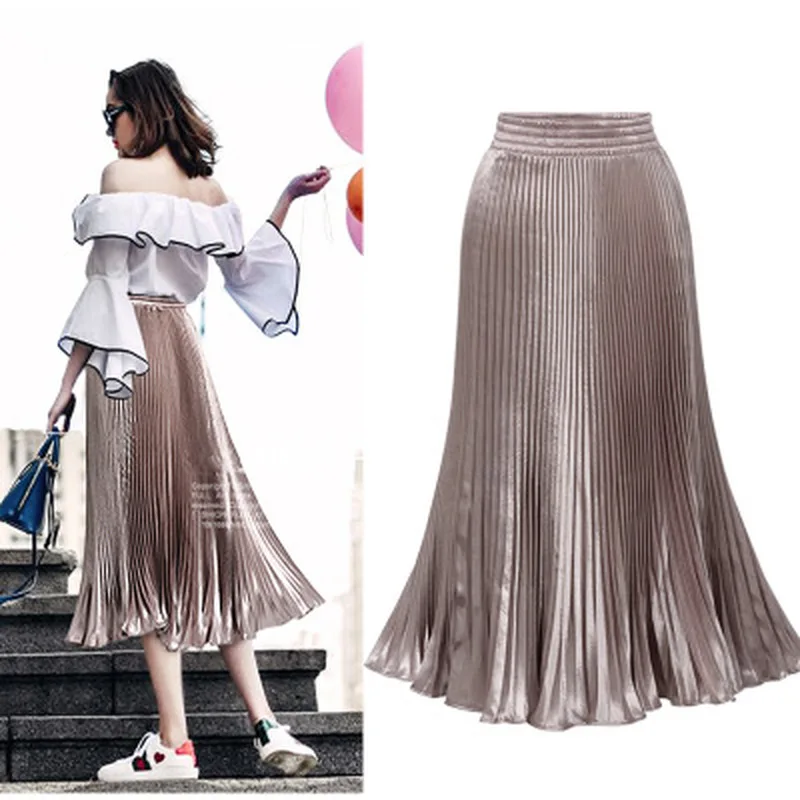 

14 Colors Spring Autumn Women Long Metallic Solid Midi Pleated Skirt High Waist Elascity Casual Party Skirt Vintage Organ Skirt