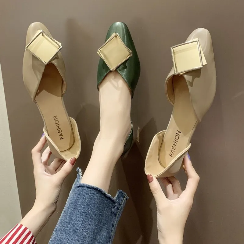 

Popular Slim Fashion Casual Pointed Toe Woman Female Slipper Slip On Loafers Flat Mules Square Buckle Shoes Zapatos J15-66