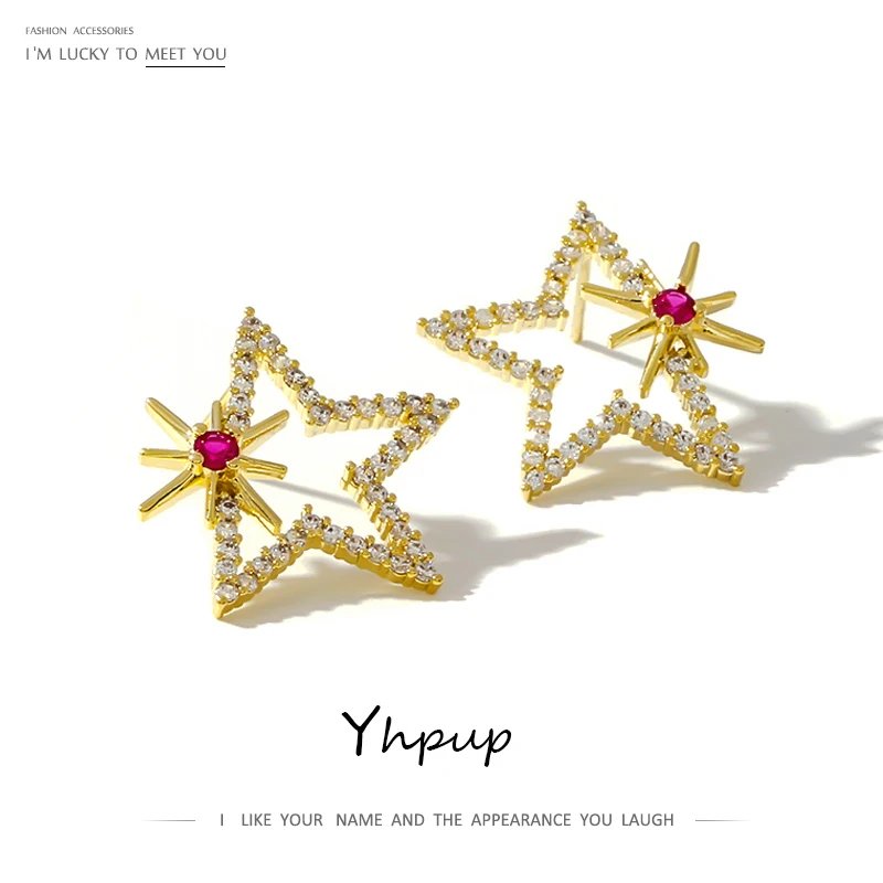 Yhpup брендовые Роскошные блестящие серьги-гвоздики из циркония, полые геометрические серьги в форме звезды для женщин, ювелирные изделия для свадебной вечеринки, подарок 925