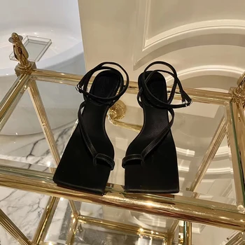 

Women Sandals Square Toe Clip Toe Hollow Summer Sandals Thin Low Heeled Ankle Straped Sandals Snaked Printed Pumps Dress Shoes