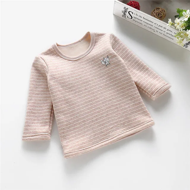 Khaki Stripe Новая осенне-зимняя детская футболка с длинными рукавами теплая футболка для мальчиков и девочек 3-8 лет - Цвет: Khaki Stripe