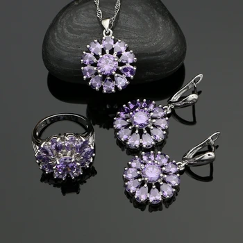 

925 Sterling Silver Jewelry Sets Purple Cubic Zirconia Flower Earrings Ring Pendant Necklace Set For Women Accessories