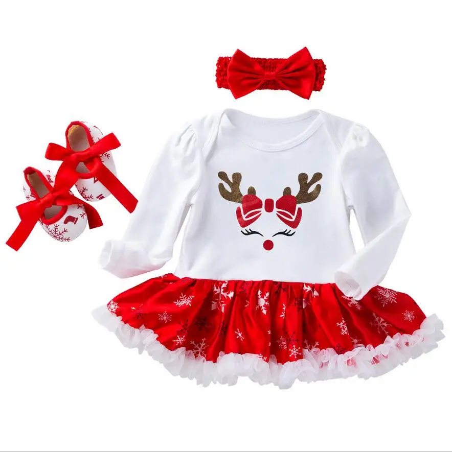 Baby Rompers Infant Clothing Glitter My1st 2nd Christmas Baby Girls Santa Baby Tutu Dress Jumpersuit Headband Shoes Headband - Цвет: as picture shown