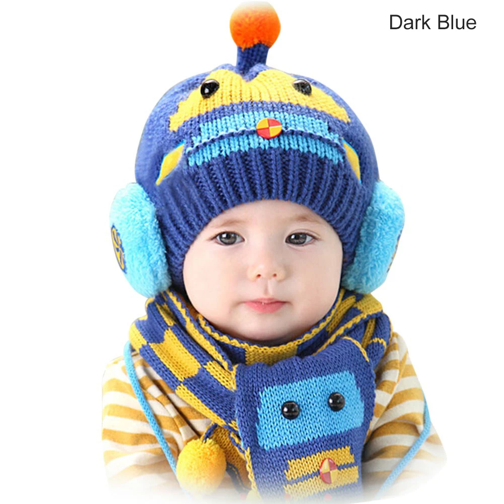 Dark Blue Высокое качество, зимняя теплая шапка для маленьких мальчиков и девочек, комплект с шарфом, милые вязаные хлопковые шапки с героями мультфильмов для малышей - Цвет: Dark Blue