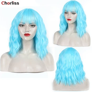 

16 Inches Chorliss Short Black Wavy Wigs With Bangs Synthetic Wigs For Women Fashion Daily Life Heat Resistant Fiber Hair Wigs