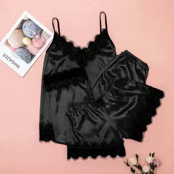 

3PC Women Pajama Sets Nightwear Sleepwear Lace Satin Sleepwear Lingerie Camisole Bow Trousers Casual Pajamas Nuisette #2M12