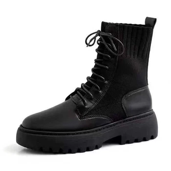 

2019 Autumn Winter Ladies High Boots Leather Knit Rome Style Boots New Elastic Knit Motorcycle Boots Platform Shoes New Arrival