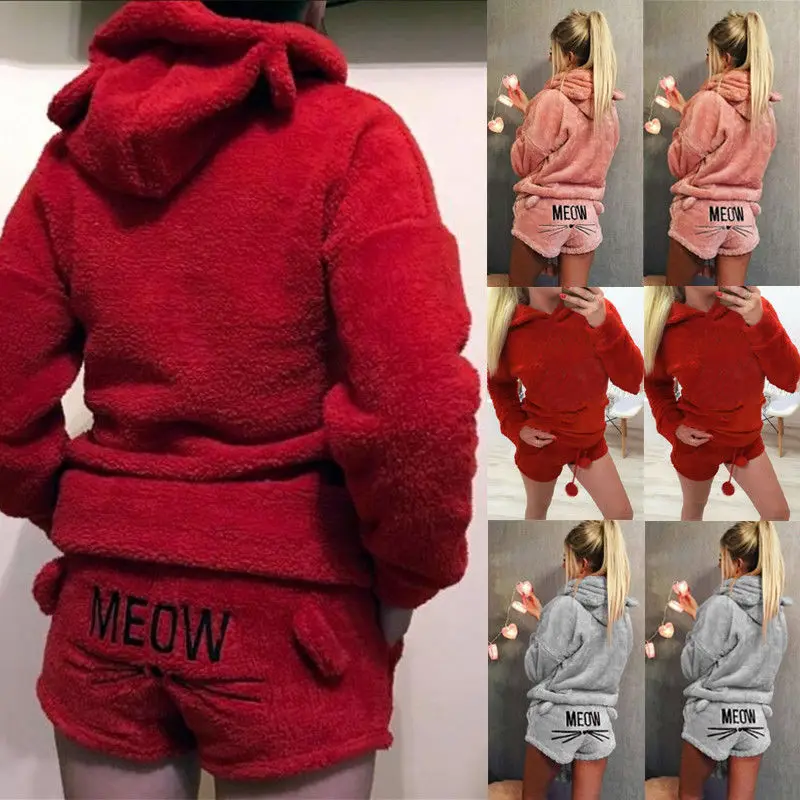 

Two Piece Pajamas Set Women Warm Long Sleeve Hoodie and Shorts Outfits Sleepwear Pyjamas Womens Pijama Mujer