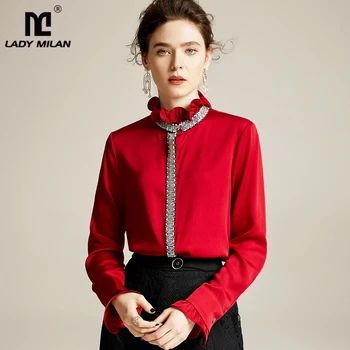 

Women's Natutral Silk Shirts O Neck Ruffles Long Sleeves Beaded Fashion Casual Tops Blouse Shirt