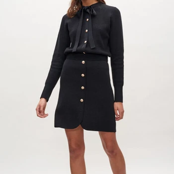 

Runway Design Solid Button Two-pieces Women Skirt Suit Knitted Bow Tie Streetwear Female Sets Fashion Office Ladies Blazer Suits