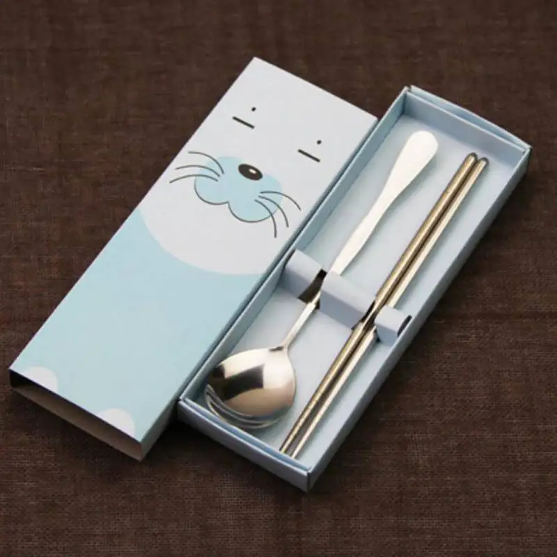 

School Travel Picnic Lunch Tableware Set Cartoon Gift Box Portable Heat Insulated Polished Spoon Chopsticks Stainless Dinnerware