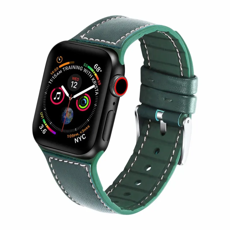 green Ремешок из натуральной кожи для apple watch ремешок 44 мм 40 мм iWatch ремешок 38 мм 42 мм силиконовый ремешок для часов Браслет apple watch 5 4 3 2 44 38 - Цвет ремешка: green