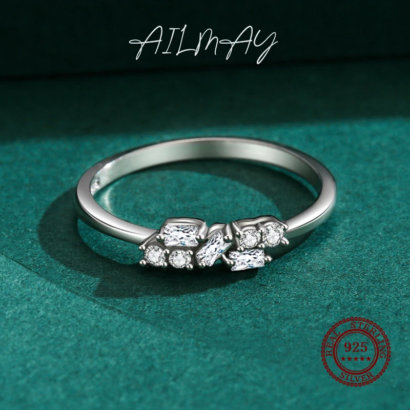 Ailmay-진짜 패션 불규칙한 기하학적 클리어 지르콘 반지, 여성을 위한 웨딩 약혼 고급 여성 주얼리