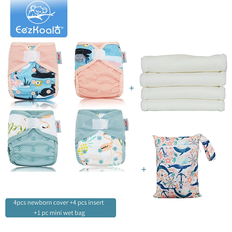 eezkoala-wholesale-eco-friendly-value-packs-newborn-cloth-diaper-cover-4pcs-inserts-plus-mini-wet-bag-pack-baby-nappy