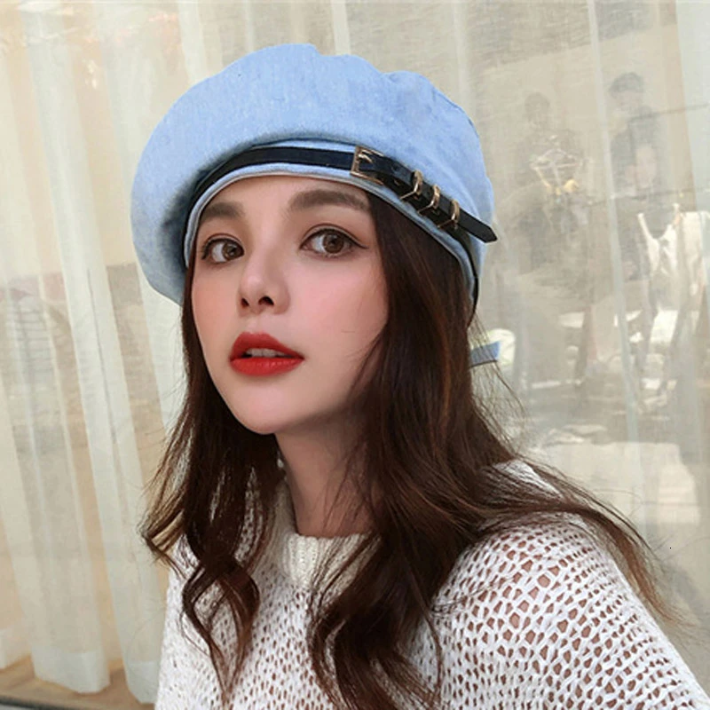 light blue BOoDinerinle, английский стиль, ремень с пряжкой, берет для женщин, осенняя женская элегантная ковбойская шляпа художника, Уличная Повседневная джинсовая шляпа для женщин - Цвет: light blue