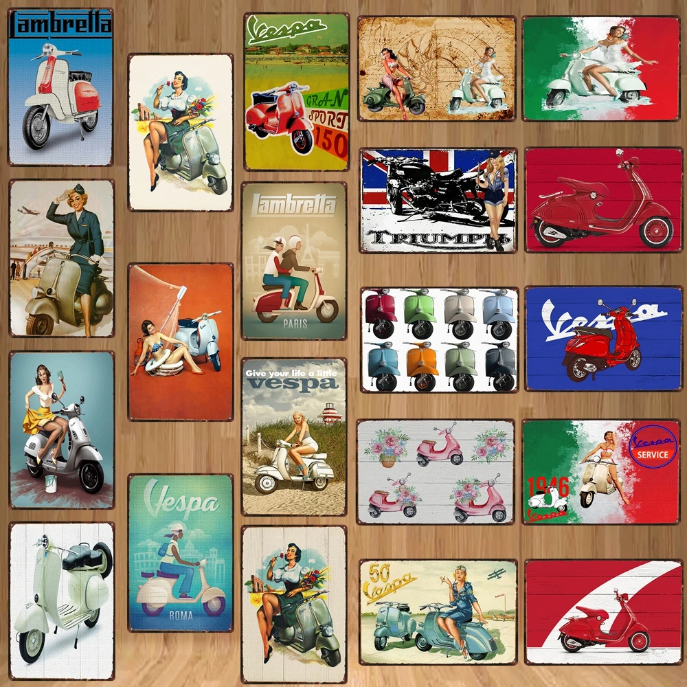 

Vespa Classic Scooter Motorcycle Tin Sign Garage Metal Plates Wall Pub Home Art Motor Decor Iron Poster DU-5874A