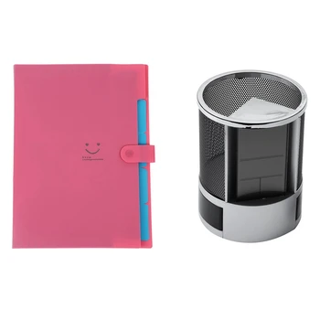 

Plastic Expanding File Folders 5-Pocket A4 Letter Size Rose Red & Mesh Pen Pencil Holder with Digital Lcd Desk Clock