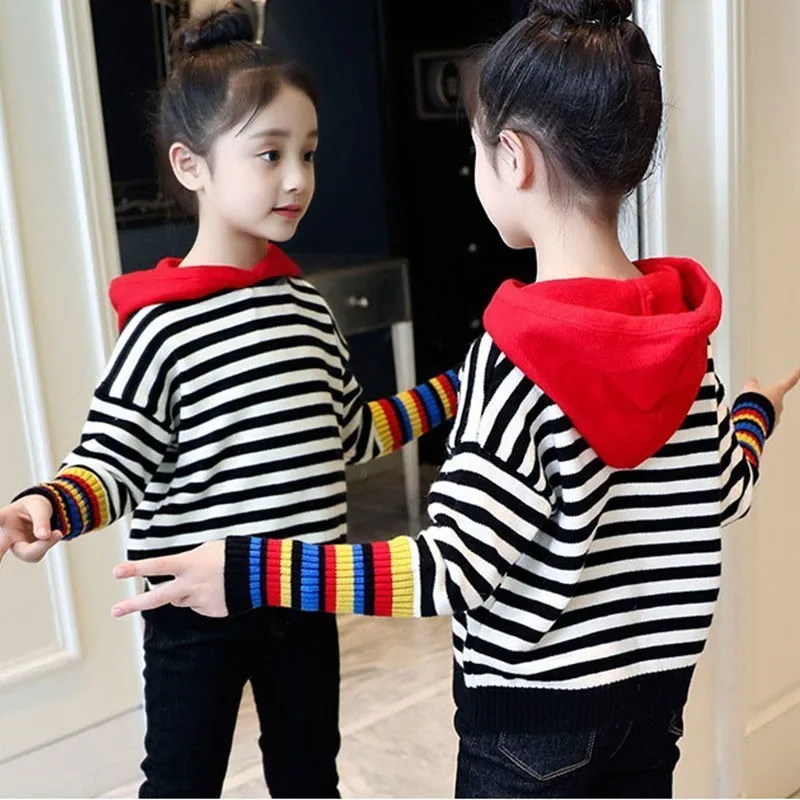 Цветные полосатые свитшоты в стиле пэчворк для детей, вязаные осенние толстовки с капюшоном, одежда спортивные топы для девочек, детская одежда с длинными рукавами