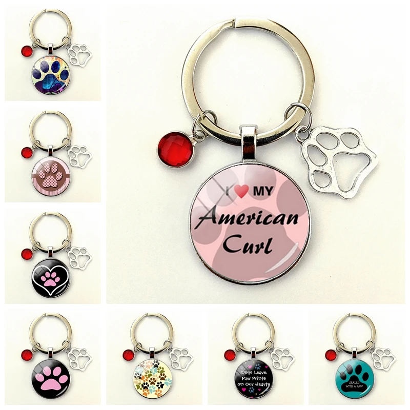

2020 Hot Sale Animal Paw Keychain Personalized Cute Alloy Series Glass Convex Round Glass Stone Keychain Jewelry Gift