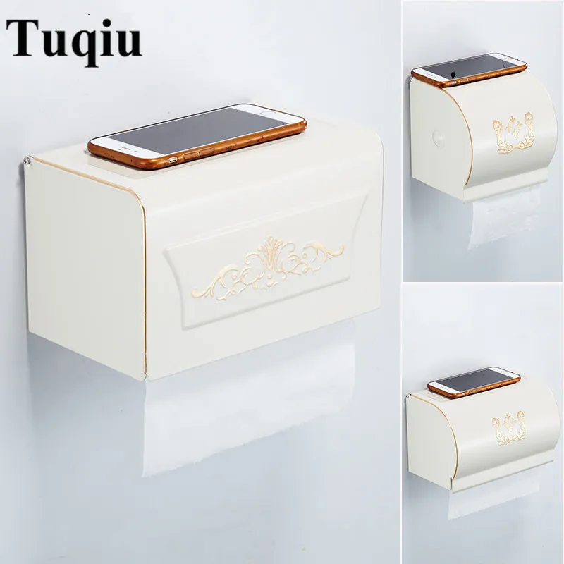 

Vidric Wall Mounted AluminumToilet Paper Holder Bathroom Accessories Fixture White Carved Roll Paper Holders with Phone Shelf